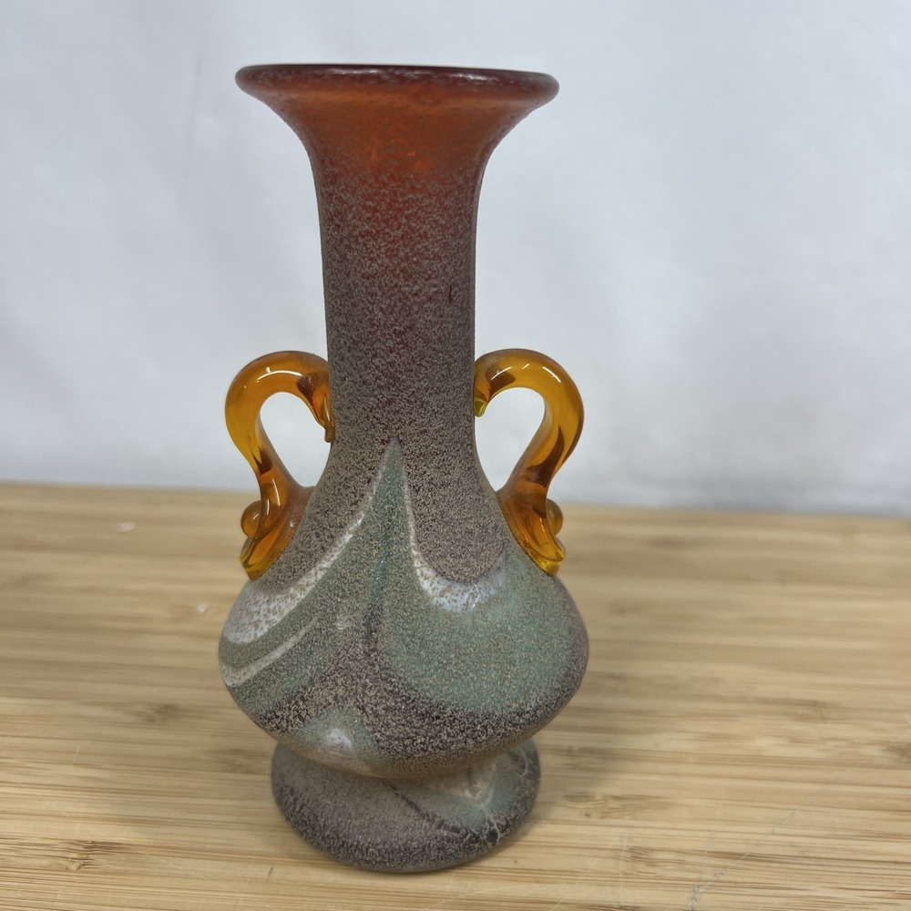 Vintage Art Glass Bud Vase Amber Applied Handles Mottled Orange Green 5.75"